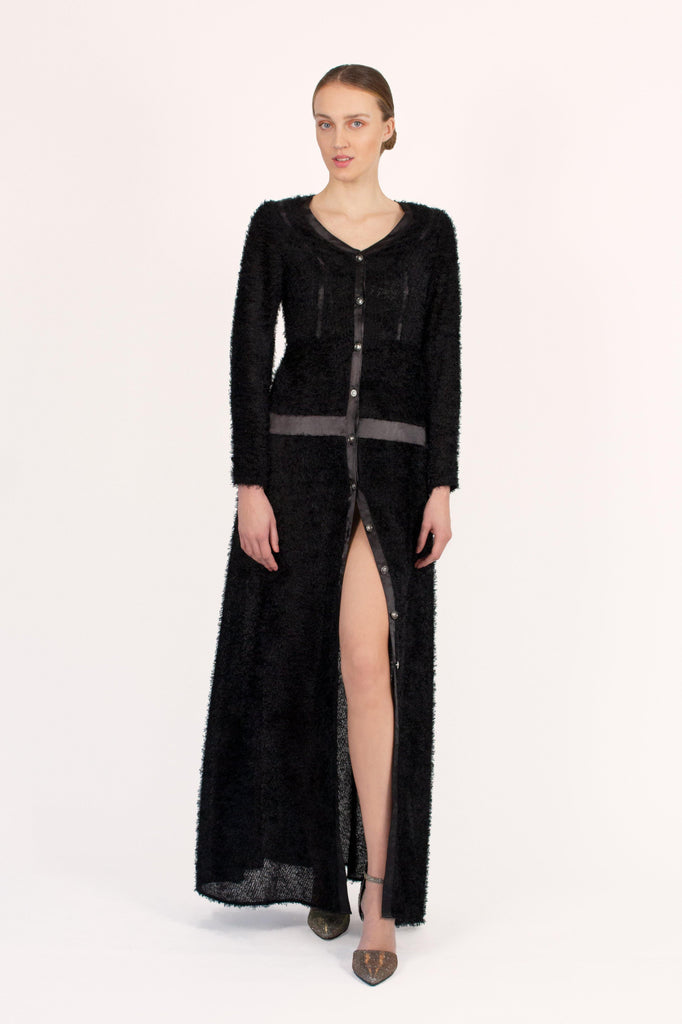 Fashion Rotterdam House of Afangaro Couture Dress Handmade Button Fuzzy Maxi Dress Black