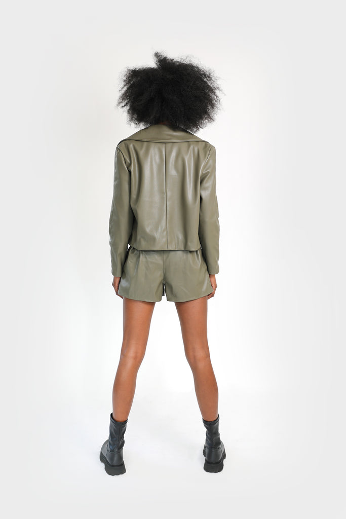 fashion house ready to wear green leather jacket and short back